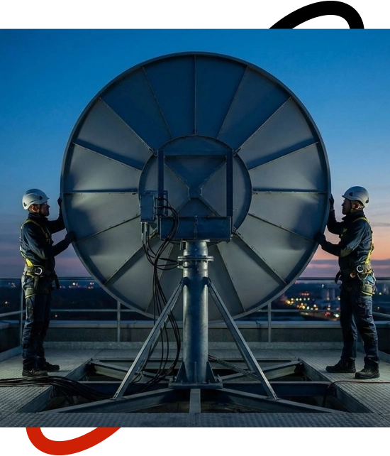 A professional configuring equipment during satellite system installation services for a business facility.