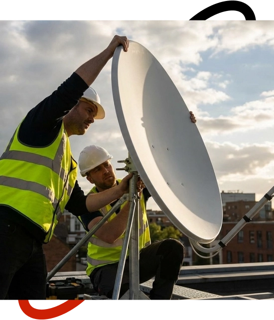 A professional configuring hardware during satellite setup solutions in Plainville for a business technology system.