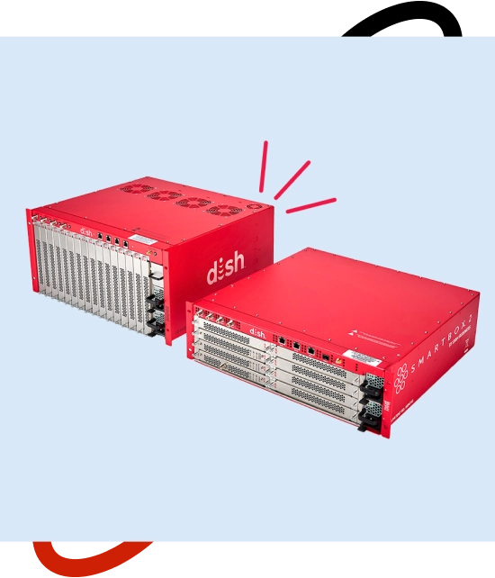 A large facility media hub supporting commercial satellite TV distribution across multiple television screens.