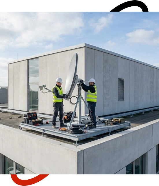 A professional configuring equipment during satellite system installation services for a business facility.