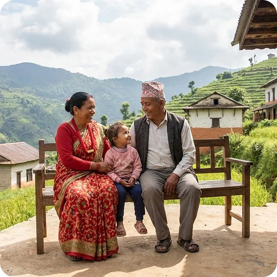 A mentor guiding a family through foster family support in a Nepal village.