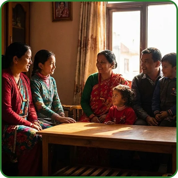 A non-profit organization team working with families in a village in Nepal.