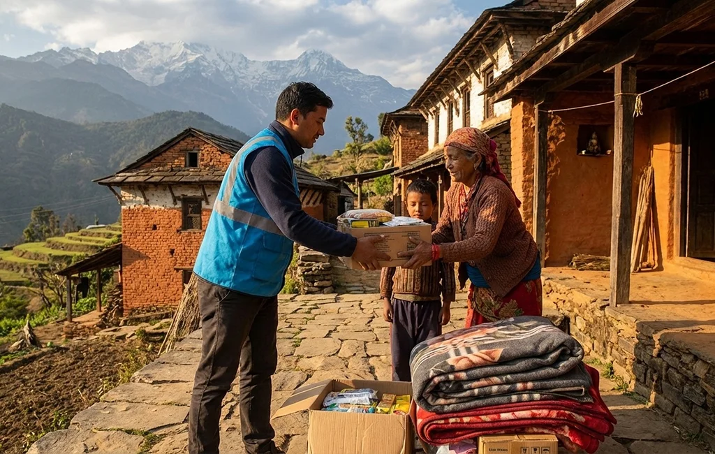 नेपालमा बालबालिका र परिवारलाई सहयोग गर्न अनलाइन योगदान गर्दै एक दाता।
