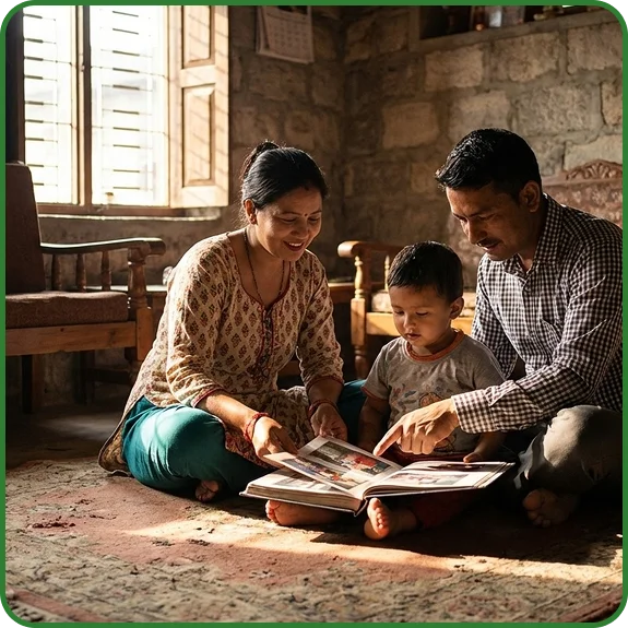 नेपालमा एक शान्त घरमा पालनपोषण परिवारले बालबालिकालाई पढाइमा सहयोग गर्दै।