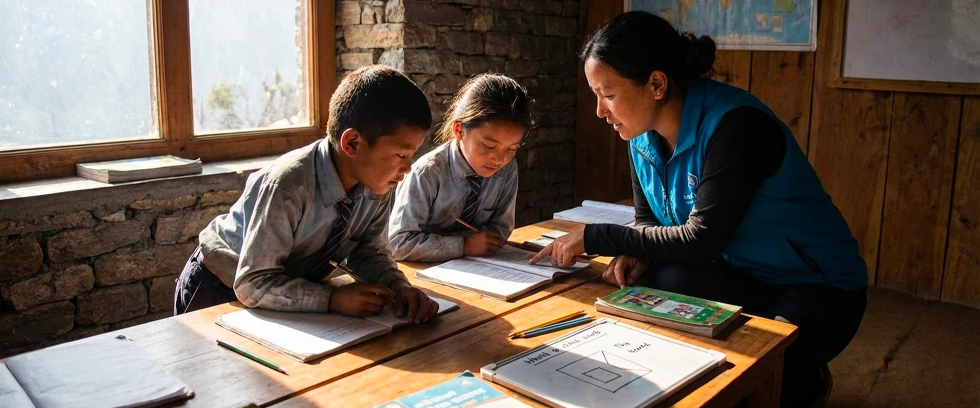 नेपालमा एक विद्यार्थी कक्षाकोठामा अध्ययन गर्दै शैक्षिक सहयोग प्राप्त गर्दैछ।