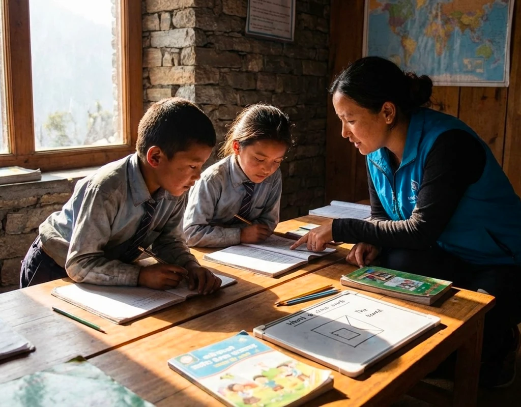नेपालमा एक विद्यार्थी कक्षाकोठामा अध्ययन गर्दै शैक्षिक सहयोग प्राप्त गर्दैछ।