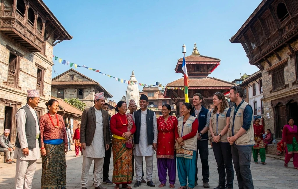 नेपालको ग्रामीण क्षेत्रमा बालबालिकालाई पढ्न सहयोग गर्दै एक स्वयंसेवक।
