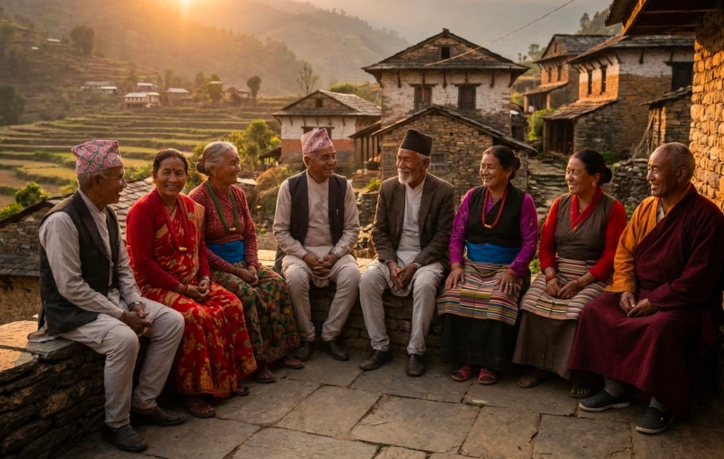 A smiling group of sponsored kids in Nepal attending school together.