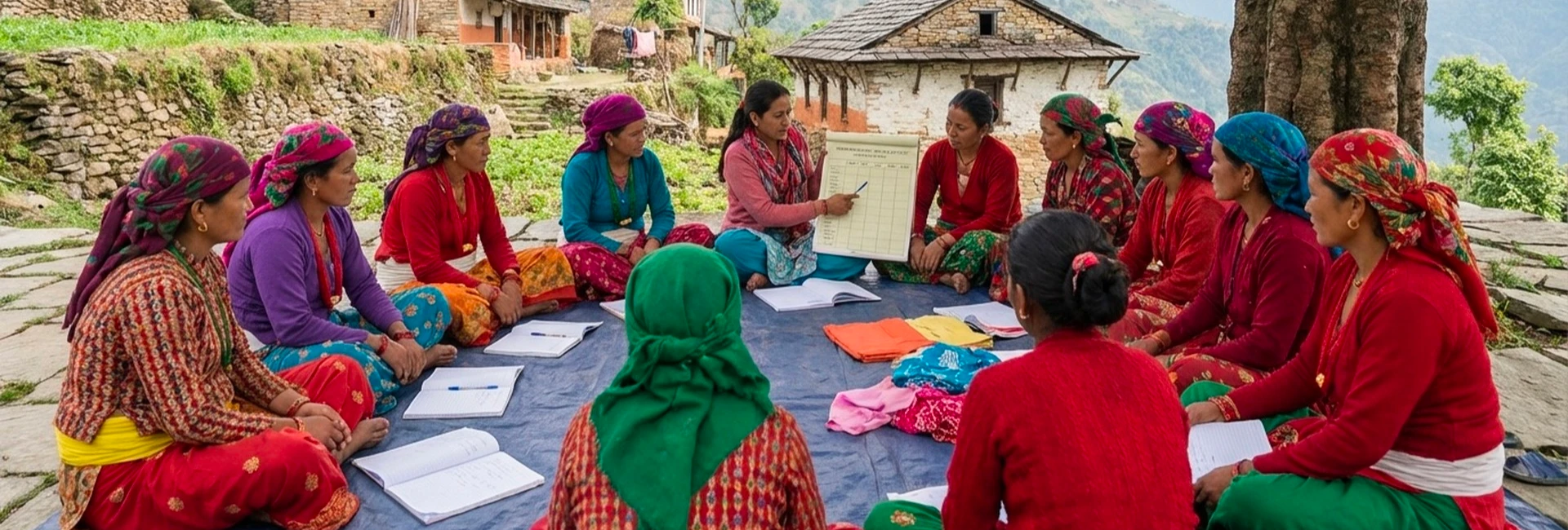 A group session focused on empowering underprivileged women in Nepal through skill development.