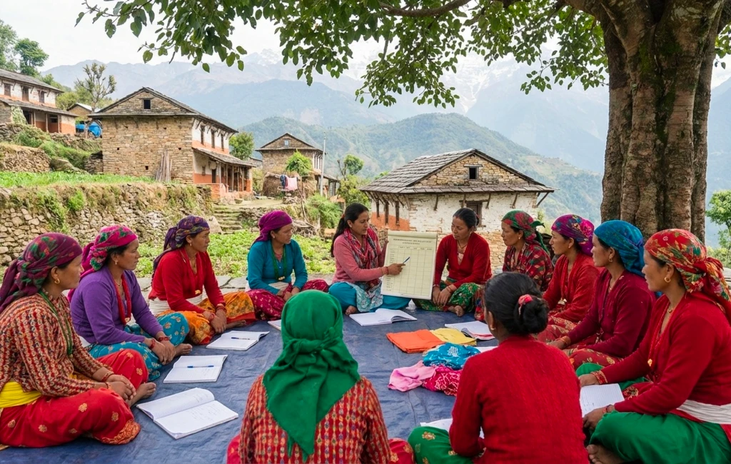 A group session focused on empowering underprivileged women in Nepal through skill development.