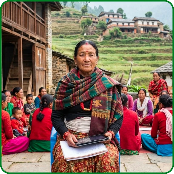 A woman receiving guidance through empowering underprivileged women support programs in Nepal.