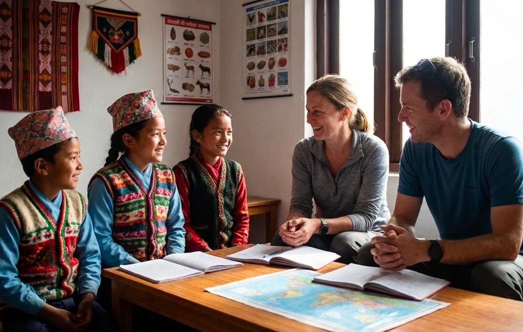 A smiling group of sponsored kids in Nepal attending school together.