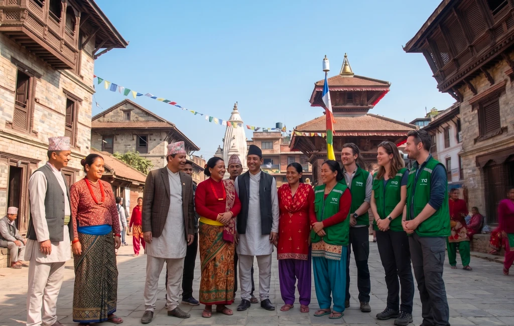 A volunteer from a non-profit organization helping children study in rural Nepal.