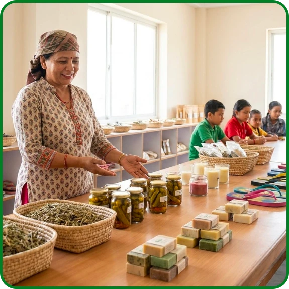 Women collaborating in a workshop focused on empowering underprivileged women in Nepal.