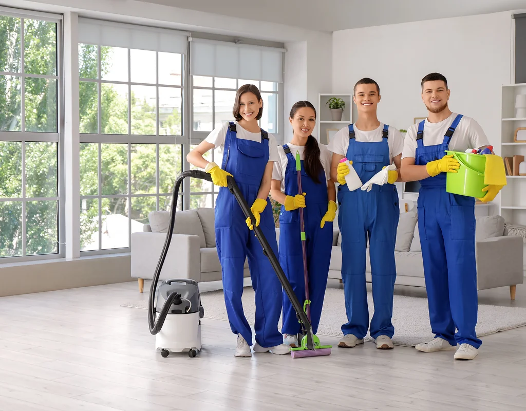Team performing janitorial services in Atlanta inside a modern office lobby