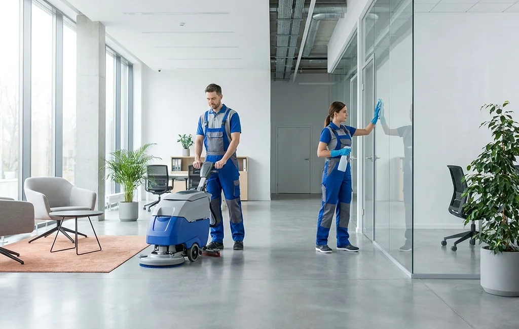 Team providing commercial cleaning services in Atlanta in a modern office