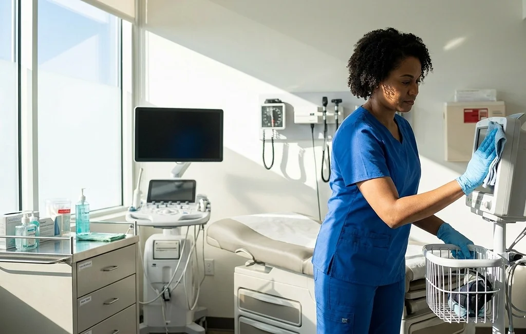 Team providing healthcare cleaning services in Atlanta in a clinic room