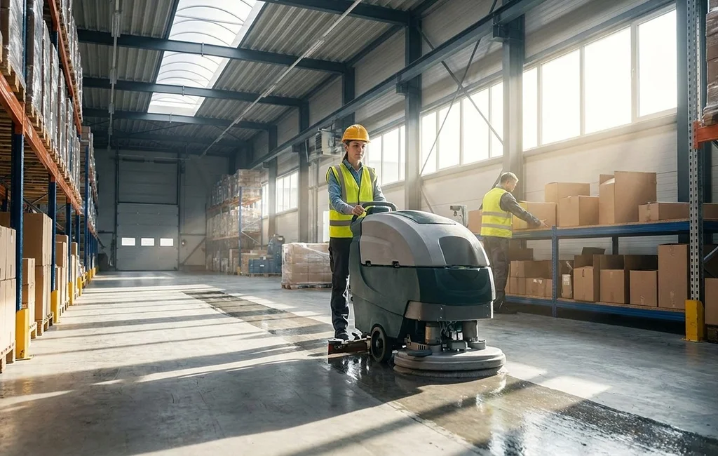 Team providing warehouse cleaning services in Atlanta in a storage facility