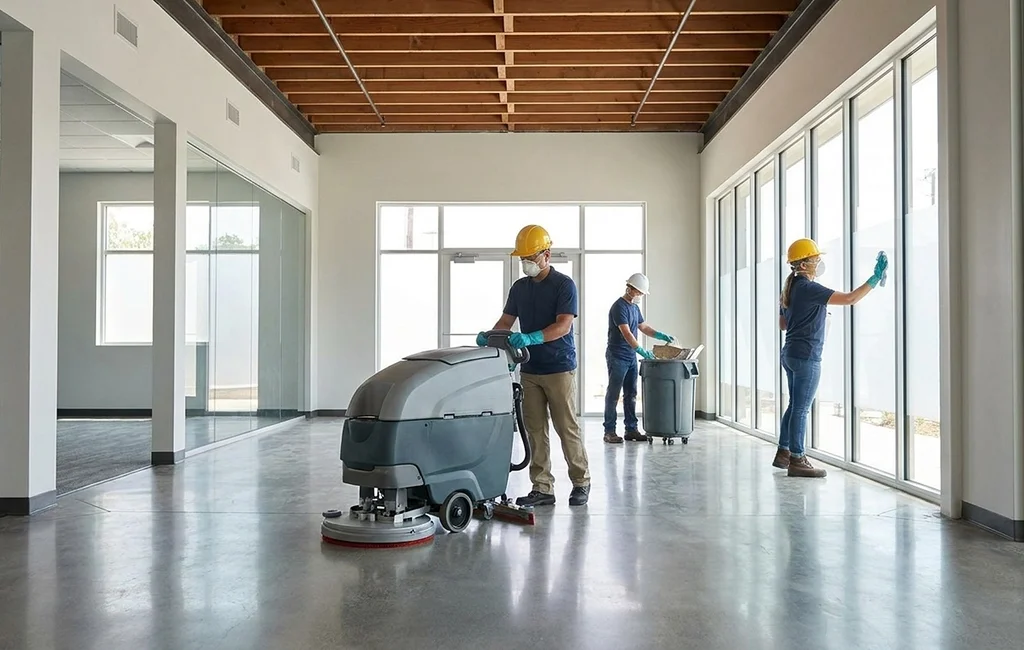 Team performing post construction cleaning in Atlanta in a new office