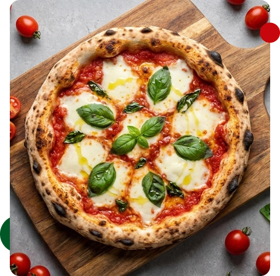 A wood-fired oven baking pizza inside a pizza restaurant in Lakeland kitchen.