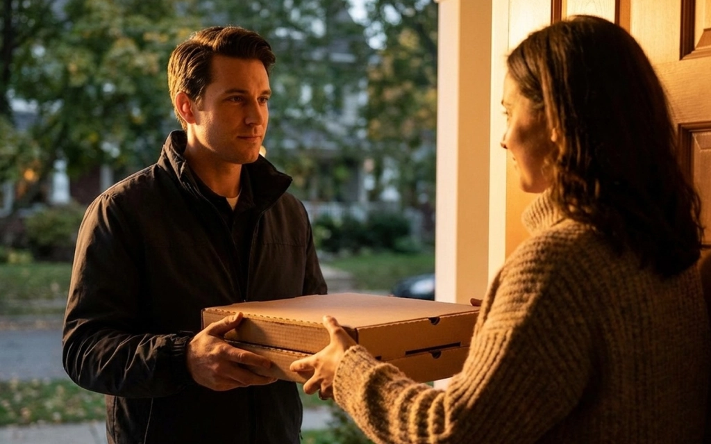 A delivery driver handing over pizza delivery at a home in Lakeland during evening time.