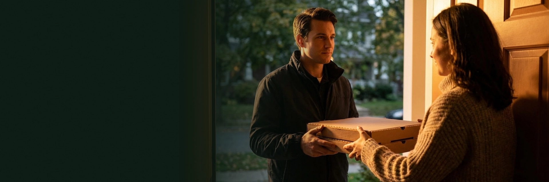 A delivery driver handing over pizza delivery at a home in Lakeland during evening time.