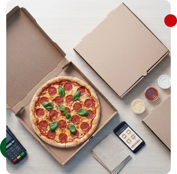 A table filled with Italian food delivery meals including pasta and pizza in Lakeland.