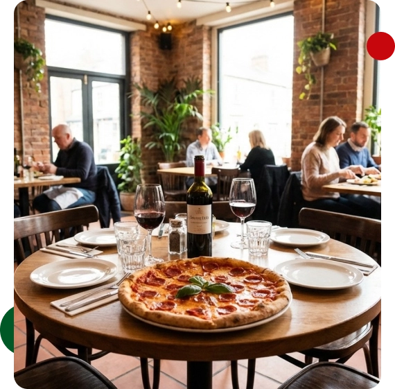 A close-up of a fresh pizza served inside an Italian restaurant in Lakeland kitchen setting.