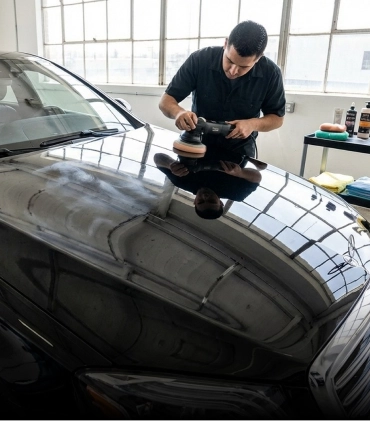 Detailer polishing car during car detailing services in Langley, BC