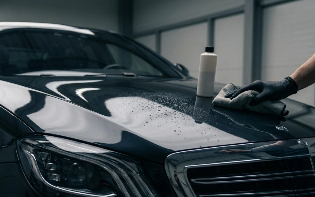 Technician applying ceramic coating services on car in Langley, BC