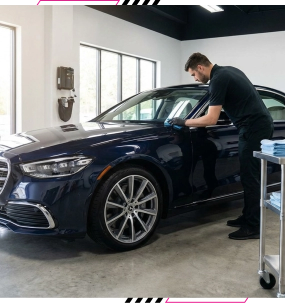 Technician layering vehicle ceramic coating on hood in Langley, BC