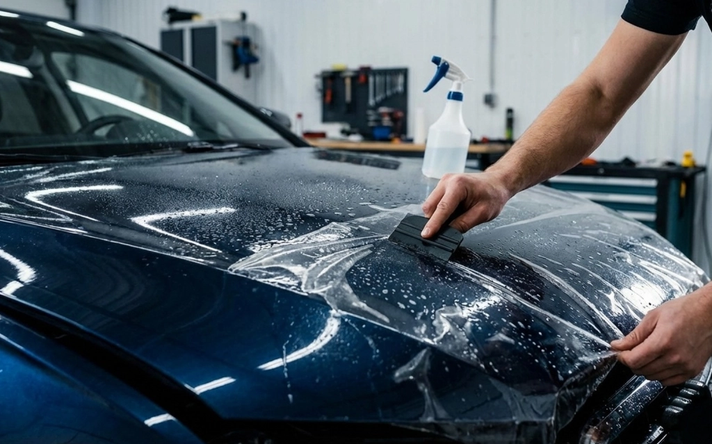 Technician installing car paint protection film on hood in Langley, BC