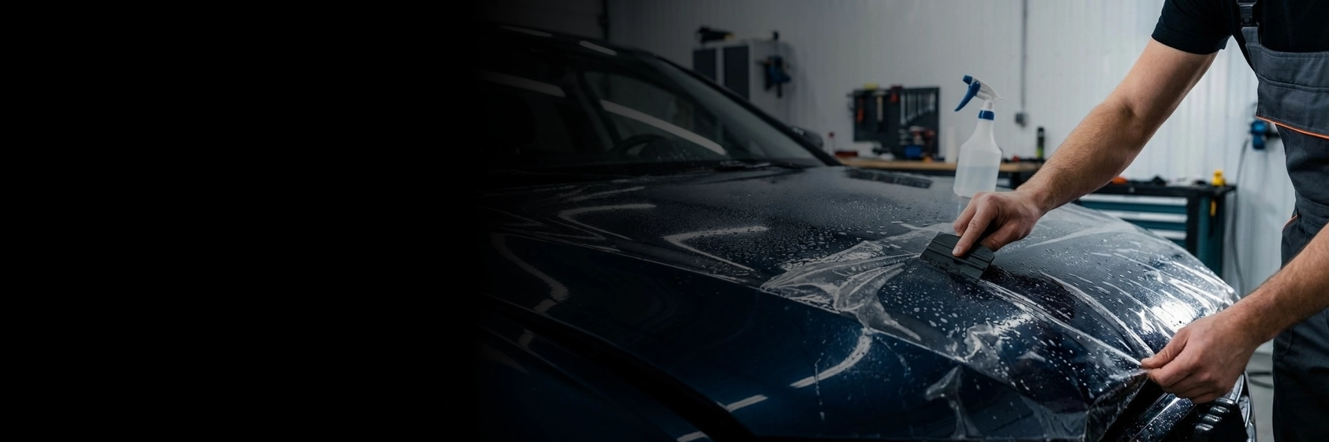 Technician installing car paint protection film on hood in Langley, BC