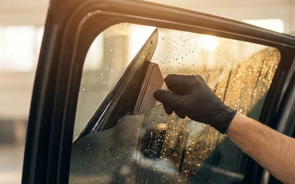 Technician applying car window tinting to side glass in Langley, BC