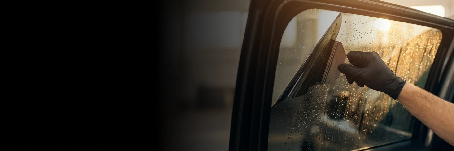 Technician applying car window tinting to side glass in Langley, BC