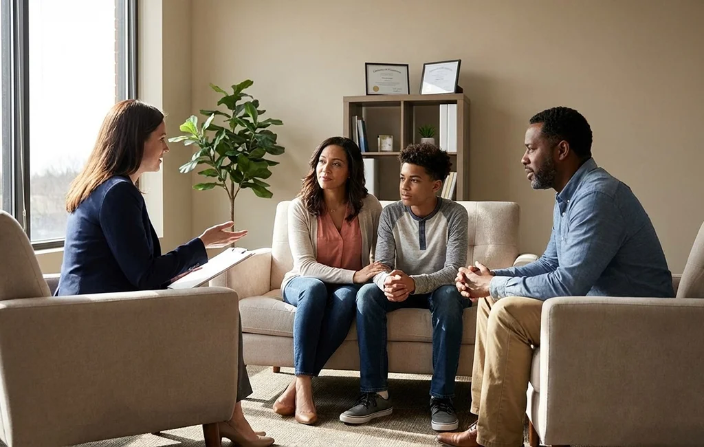 Therapist discussing family-centered mental health program with parents across Virginia