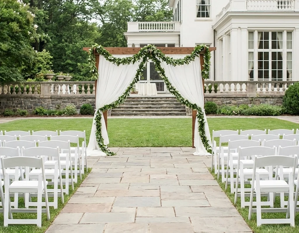An elegant event venue in Aurora, CO prepared for a wedding ceremony with floral décor.