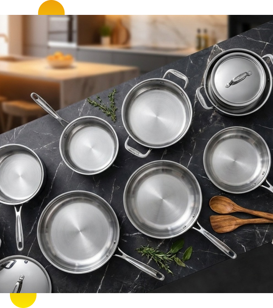 Customer reviewing options to buy cookware sets on a tablet in Oshawa, Canada