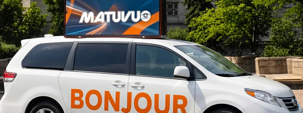  Taxi avec écran numérique montrant les services de publicité sur taxis à Montréal sur une route achalandée
