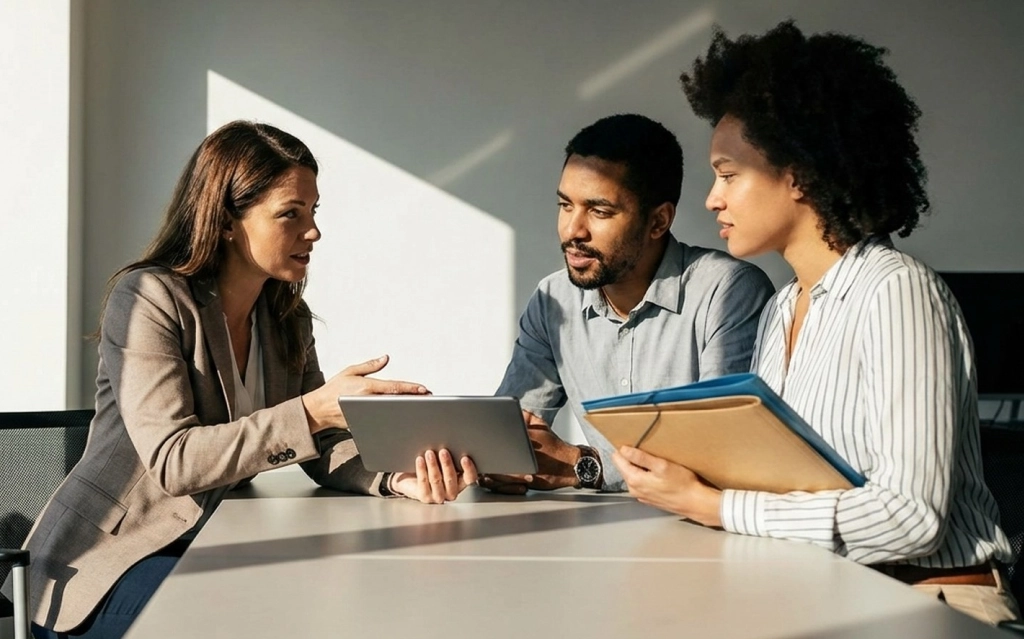 Recruiter assisting client with office staffing services in New Haven