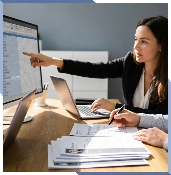 Recruiter reviewing admin resumes in New Haven office