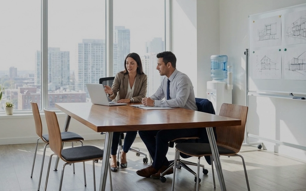 A client discussing real estate services with an agent in Brampton, Ontario.