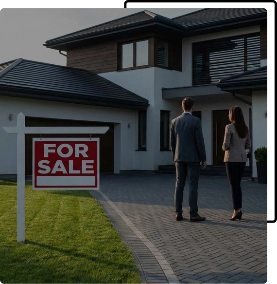 A realtor guiding clients through a condo unit with city views in Toronto.