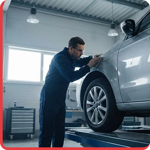Technician performing auto body repair services in Leavenworth County