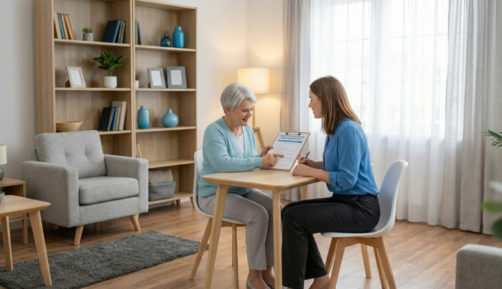 Smiling caregiver offering non-medical home care services at home.