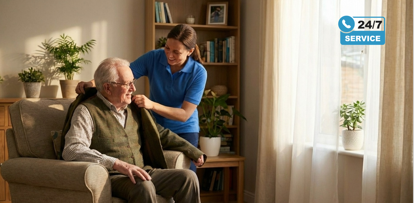 Caregiver assisting a senior with in-home care services in California.