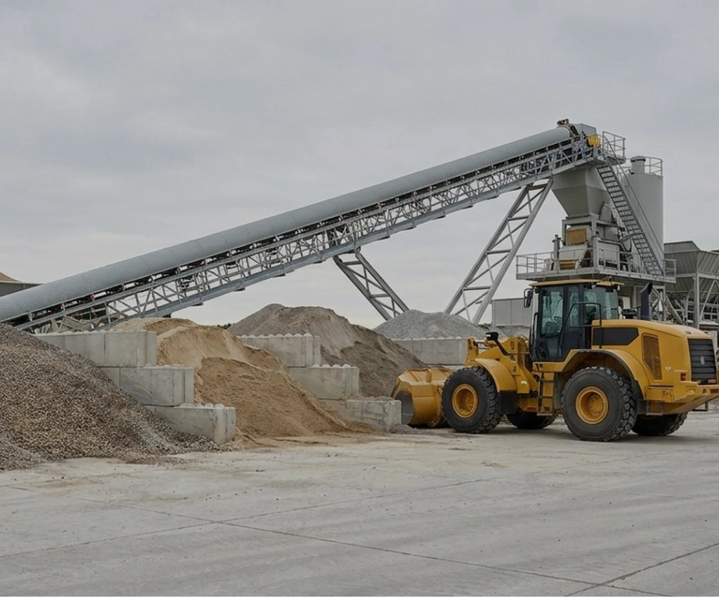 Workers loading materials from a concrete product supplier in Ontario yard