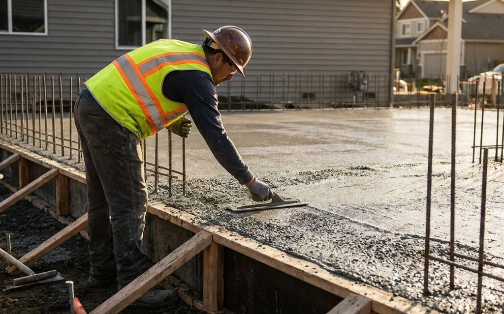 Crew pouring concrete for foundation at a site in Ontario