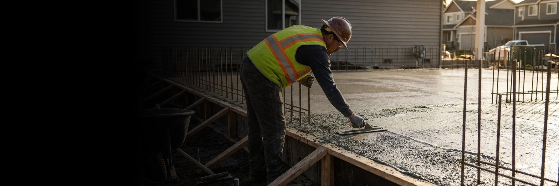 Crew pouring concrete for foundation at a site in Ontario