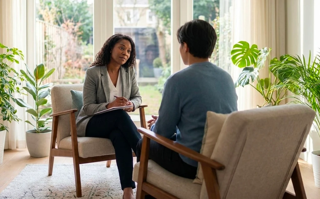 Client receiving grief counseling in Philadelphia in a safe space